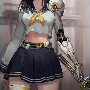 Cyberpunk Anime Girl in Sailor Uniform with Mechanical Arm and Sci-Fi Weapon HD phone wallpaper