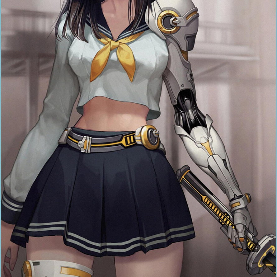 Cyberpunk Anime Girl in Sailor Uniform with Mechanical Arm and Sci-Fi Weapon HD phone wallpaper