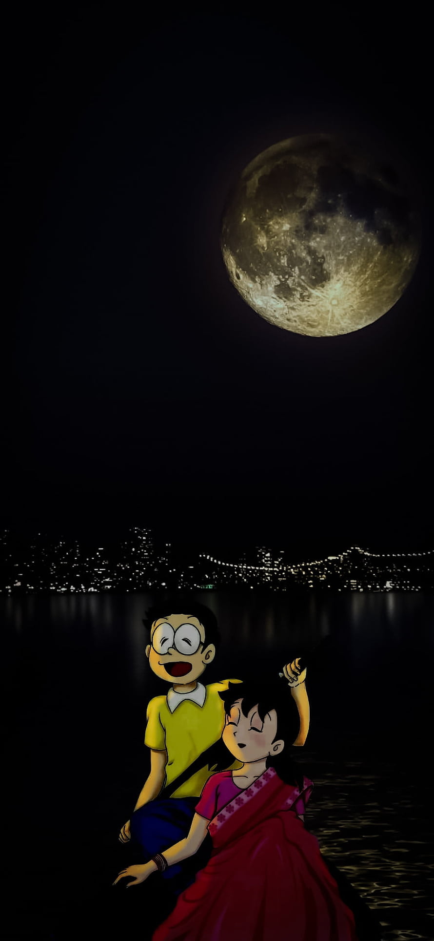 Nobita and Shizuka sitting by the water admiring a giant full moon over a city skyline HD phone wallpaper