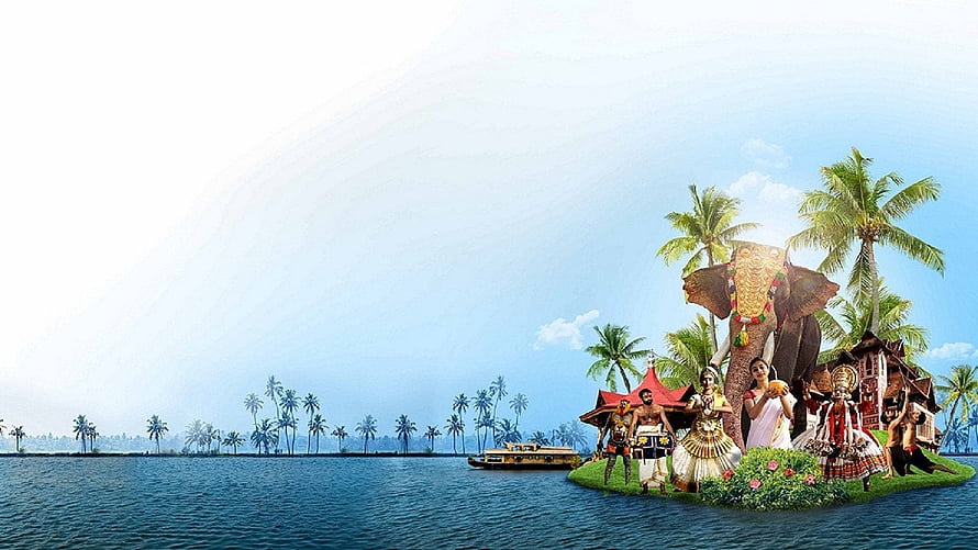 Kerala Backwaters with Kathakali Dancers, Decorated Elephant, and Houseboat Under a Bright Sky HD wallpaper