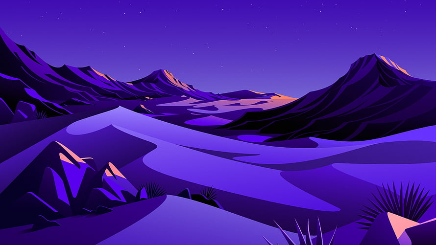 Stylized Purple Mountain Landscape with Starry Night Sky and Desert Flora HD wallpaper