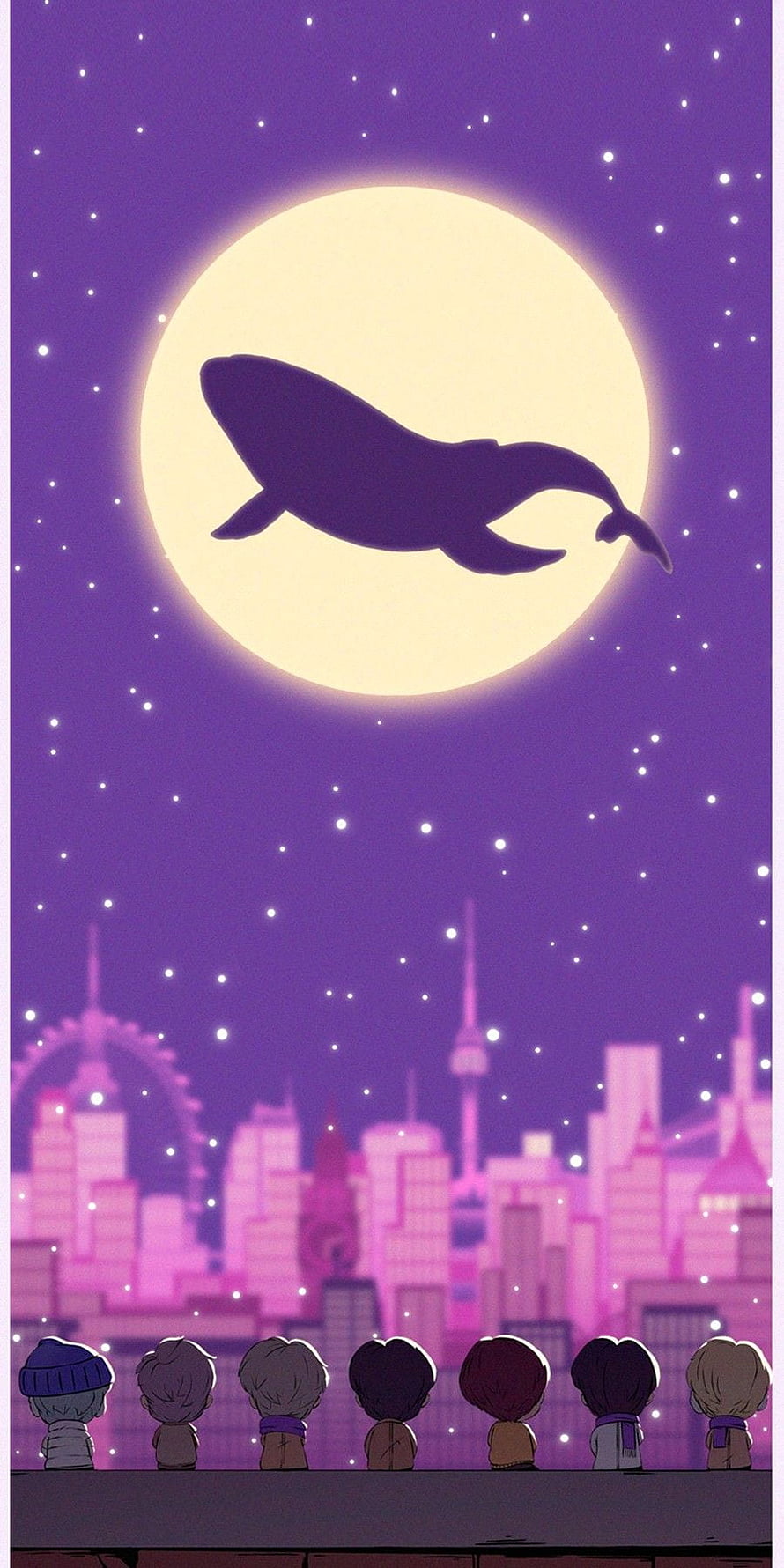 Whalien Tiny Tan Dream On: Seven Chibi Characters Gazing at a Whale Silhouette in the Moonlit Sky Over a City HD phone wallpaper