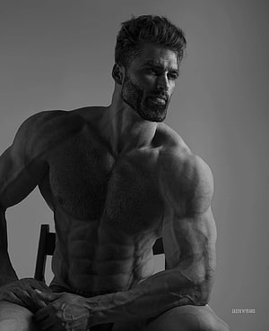 Black and white portrait of a muscular bearded man with defined abs and chest hair sitting on a chair, Giga Chad ideas. chad, memes, muscle men HD phone wallpaper