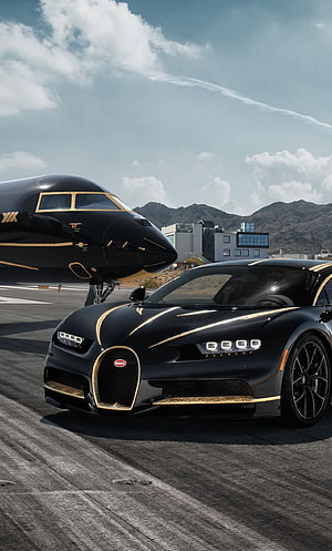 Black Bugatti Chiron Super Car Parked Beside Private Jet On Airport Tarmac HD phone wallpaper