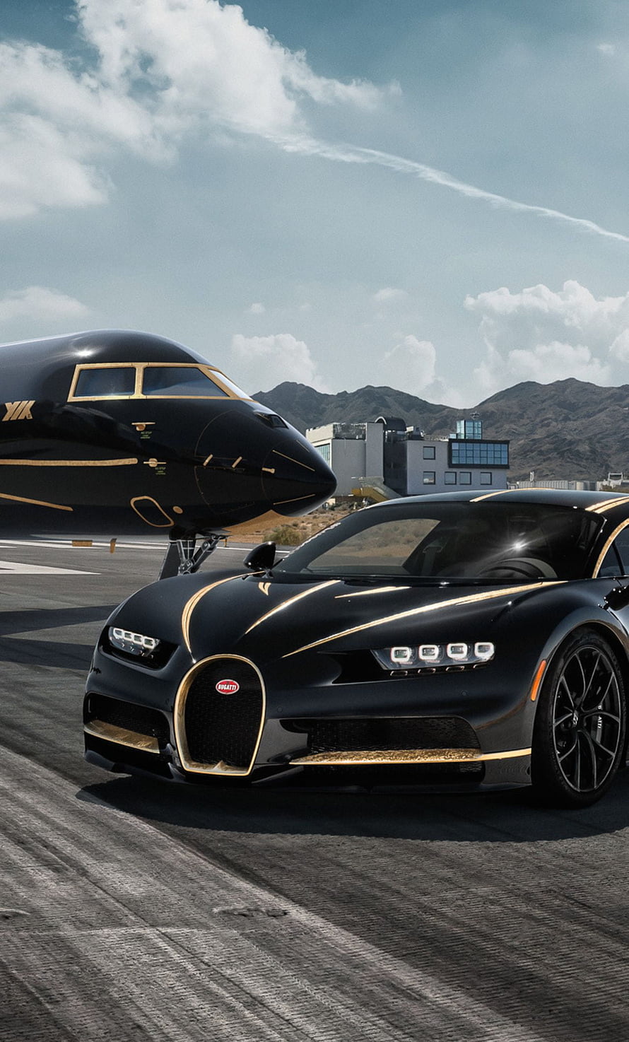 Black Bugatti Chiron Super Car Parked Beside Private Jet On Airport Tarmac HD phone wallpaper