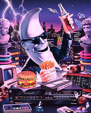 Mac Tonight Retro Pop Art Illustration with Fast Food and 80s Tech HD phone wallpaper