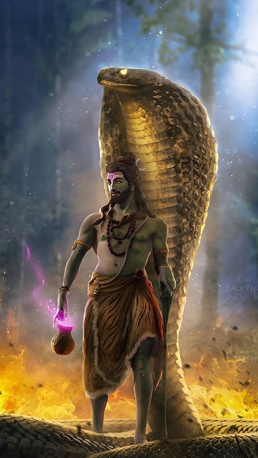 Lord Shiva with giant cobra hood in mystical forest, green skin, tiger skin, trident, magical pot, divine aura, fantasy digital art HD phone wallpaper