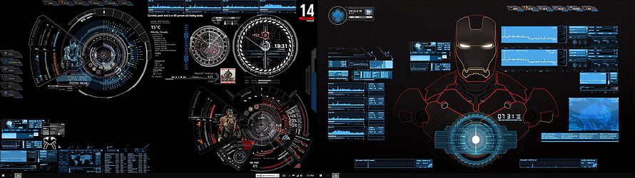 Iron Man HUD Interface Desktop Wallpaper with Futuristic Blue and Red Dashboard Elements, iron man dual screen 3. Dual Monitor HD wallpaper