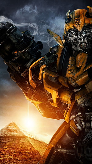 Bumblebee Transformers Robot Standing Before Desert Pyramid at Sunset HD phone wallpaper