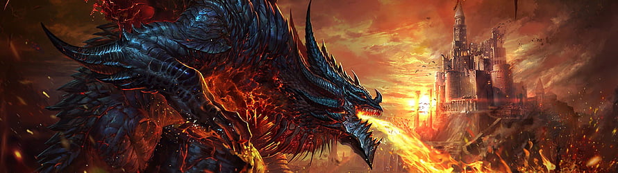 Epic Fantasy Dragon Breathing Fire at a Burning Castle at Sunset HD wallpaper