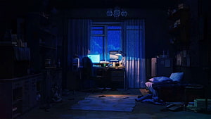 Moody Lo-Fi Bedroom Interior with Glowing Desk Setup and Rainy Night Window HD wallpaper