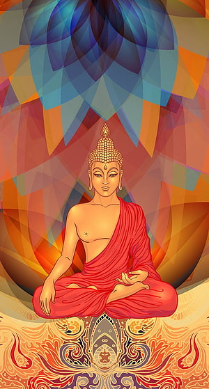 Meditating Buddha in Red Robes with Geometric Mandala Background, Sonja on Art. Buddhism , Buddha artwork, Buddha art painting, Budha Painting HD phone wallpaper