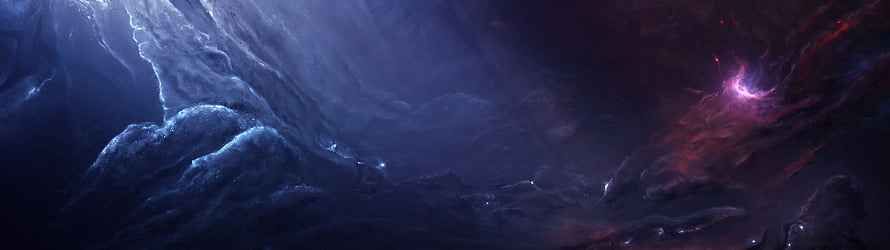 Dark Fantasy Landscape With Glowing Purple Nebula And Jagged Blue Mountains HD wallpaper