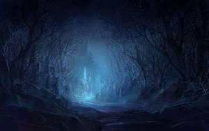 Mystical Fantasy Forest Scene With Glowing Blue Light And Dark Stone Path HD wallpaper