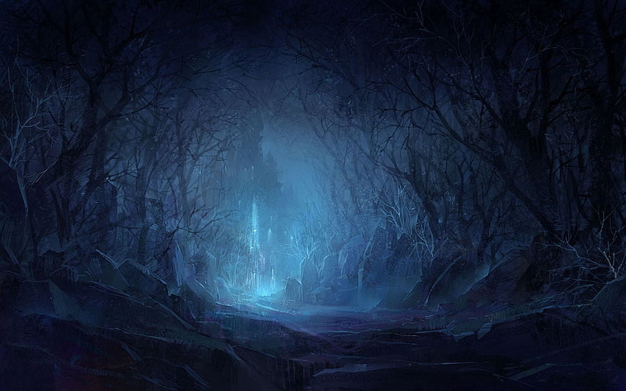 Mystical Fantasy Forest Scene With Glowing Blue Light And Dark Stone Path HD wallpaper