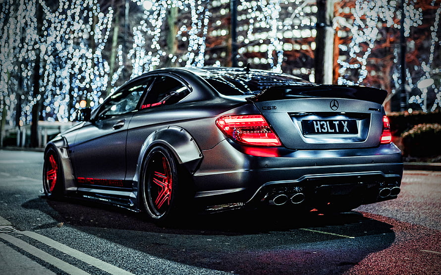 Matte Black Mercedes-Benz C63 AMG Coupe With Red Accents Night Street Photography HD wallpaper
