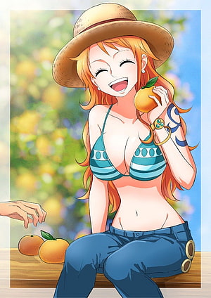 Nami from One Piece in Summer Outfit with Straw Hat and Oranges HD phone wallpaper