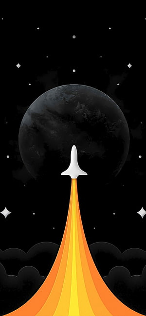 Minimalist Space Rocket Launching Past a Dark Planet Against a Starry Night Sky HD phone wallpaper