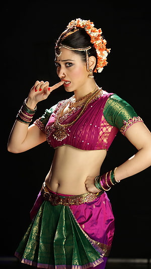 Indian Classical Dancer in Traditional Green and Pink Silk Attire with Gold Jewelry HD phone wallpaper