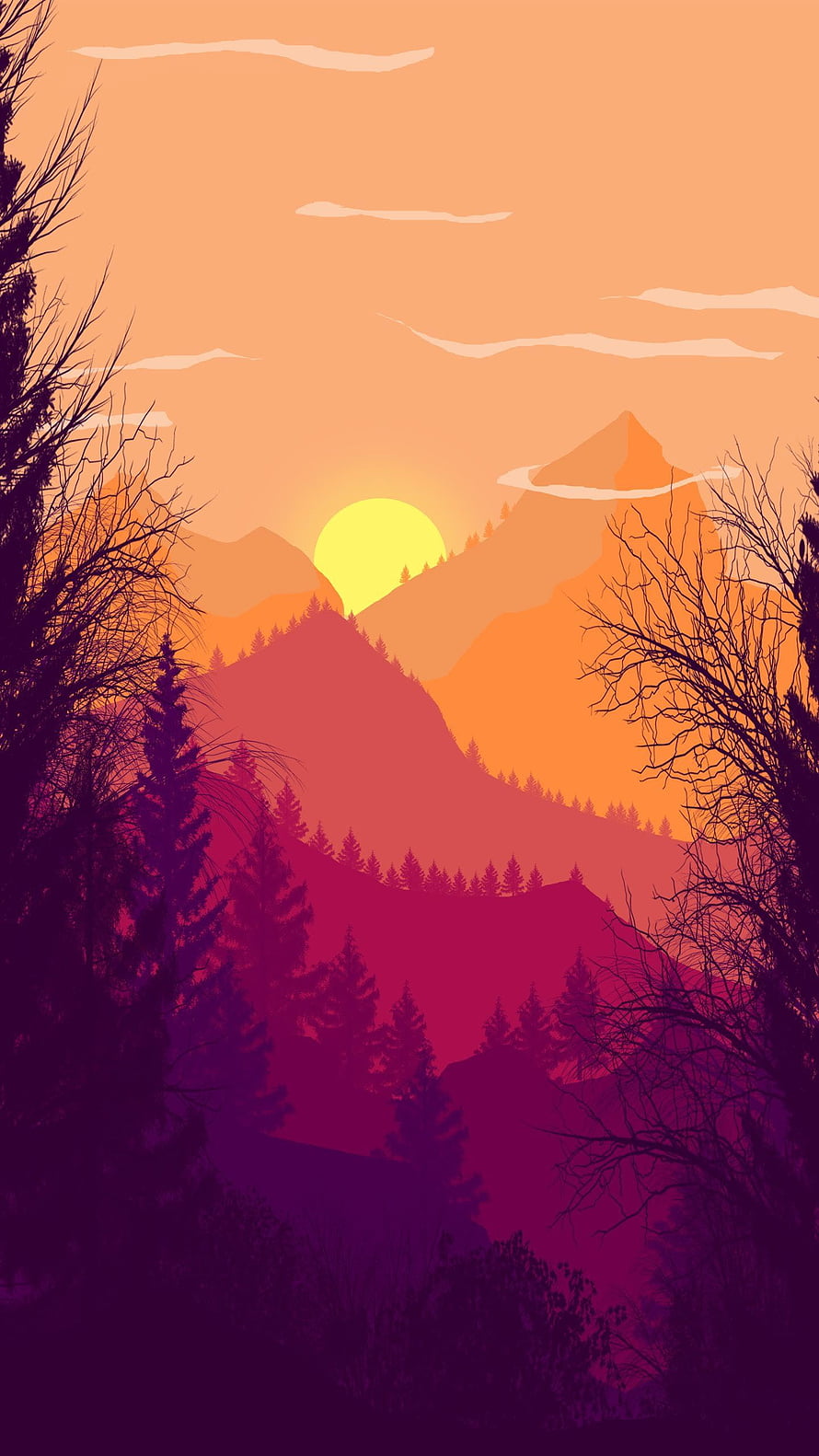 Vibrant Sunset Mountain Landscape With Purple Forest Silhouettes And Golden Sun HD phone wallpaper