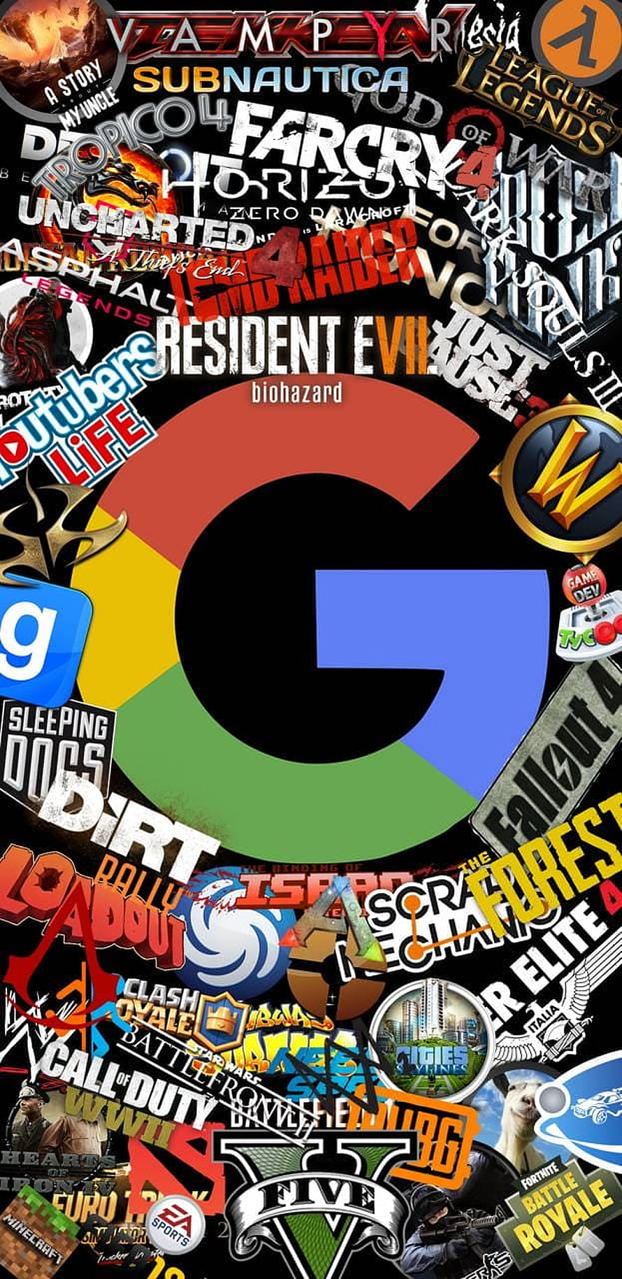 Google Play Store Logo Surrounded by Popular Video Game Logos and Titles HD phone wallpaper