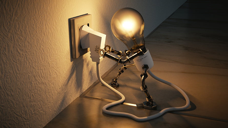 Creative 3D Illustration of a Light Bulb Robot Plugging Into a Wall Socket HD wallpaper