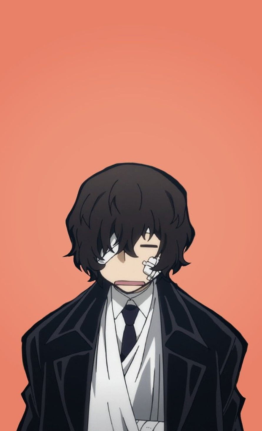 Dazai Osamu from Bungo Stray Dogs in a black coat with bandages on a coral background HD phone wallpaper