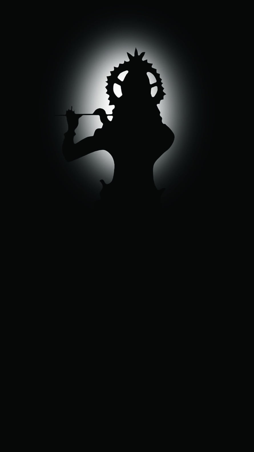 Silhouette of a character with a spiked helmet holding a flute against a glowing background HD phone wallpaper