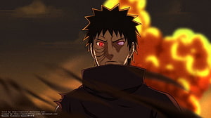 Obito Uchiha with Sharingan Eyes Amidst Flames in Dark Anime Style HD wallpaper