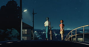 Whisper of the Heart Anime Scene: Shizuku and Seiji Watching City Lights at Night HD wallpaper