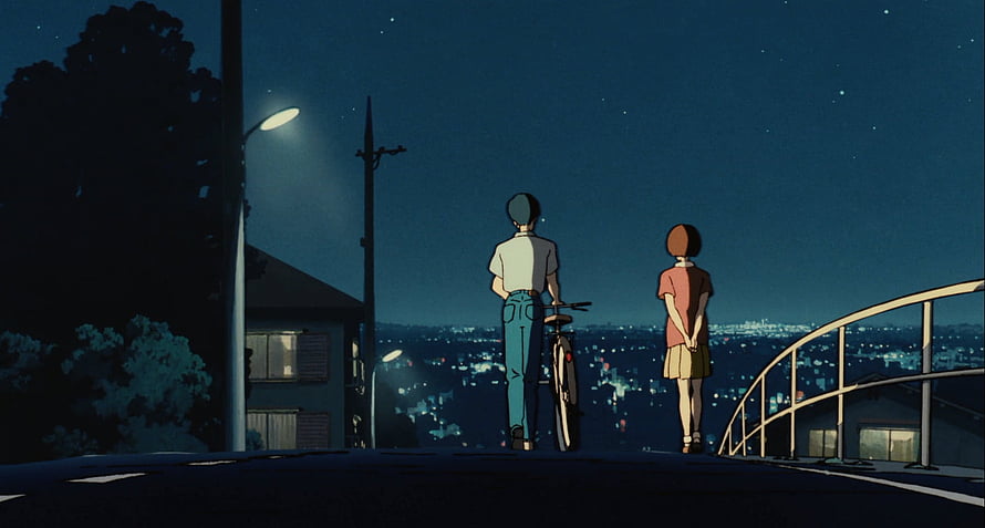 Whisper of the Heart Anime Scene: Shizuku and Seiji Watching City Lights at Night HD wallpaper
