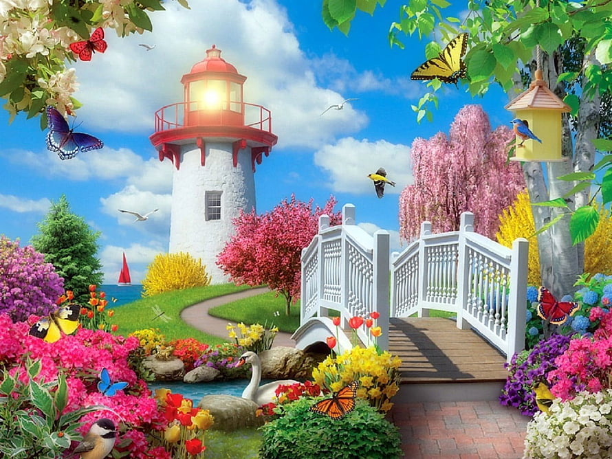 Colorful Lighthouse Garden with White Bridge, Swans, and Butterflies HD wallpaper