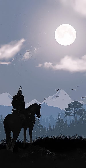 Geralt of Rivia on Horseback Under a Full Moon in The Witcher Landscape HD phone wallpaper
