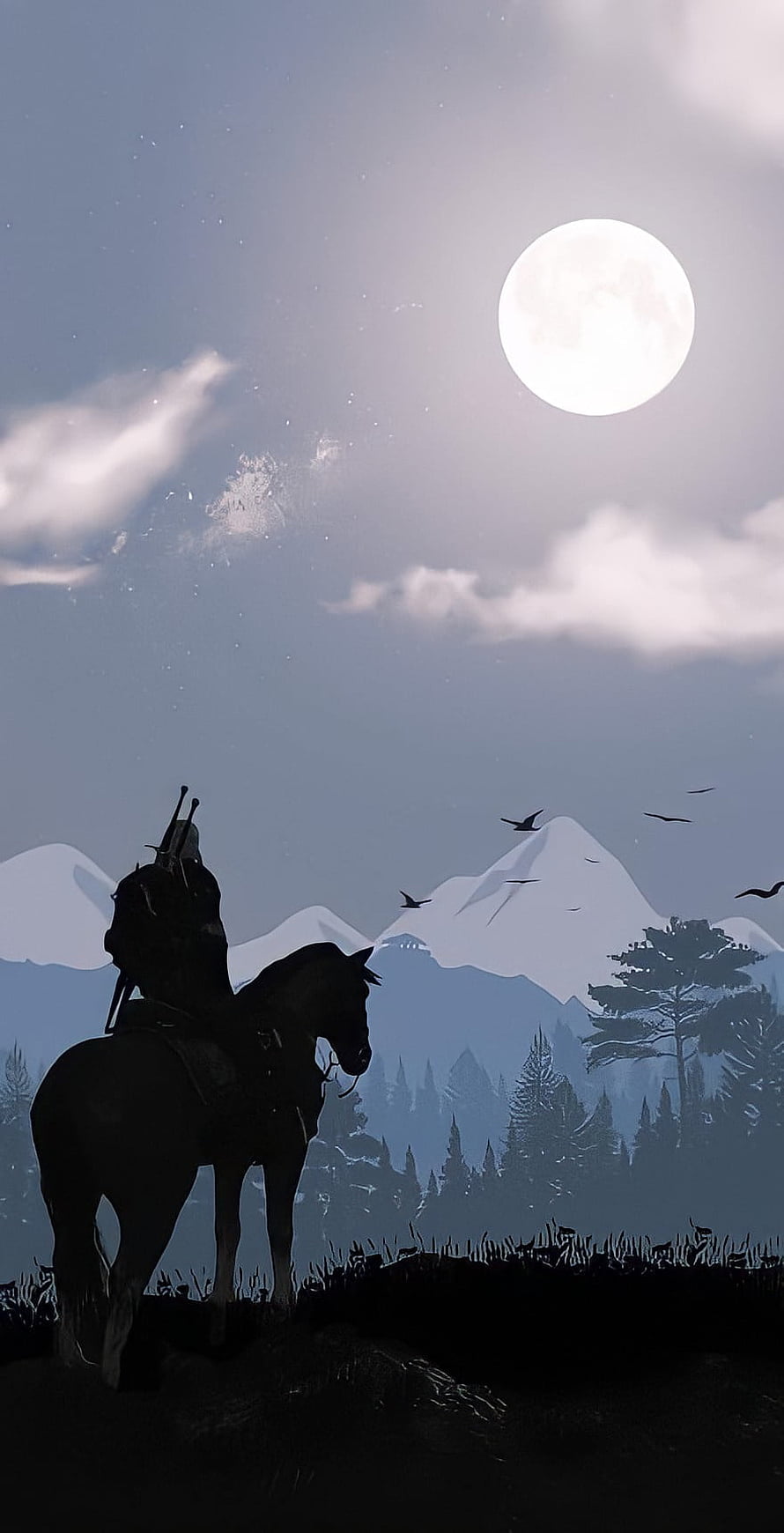 Geralt of Rivia on Horseback Under a Full Moon in The Witcher Landscape HD phone wallpaper