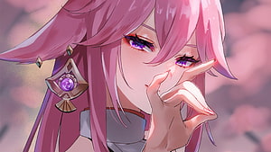 Yae Miko from Genshin Impact in a Close-Up Anime Portrait with Pink Hair and Purple Eyes HD wallpaper