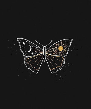 Celestial Butterfly Illustration Featuring Moon and Sun on Black Background HD phone wallpaper