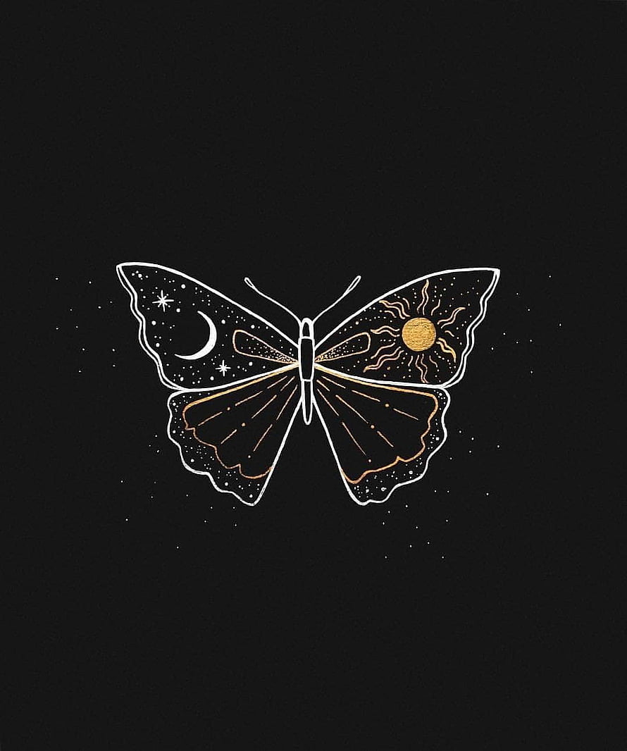 Celestial Butterfly Illustration Featuring Moon and Sun on Black Background HD phone wallpaper