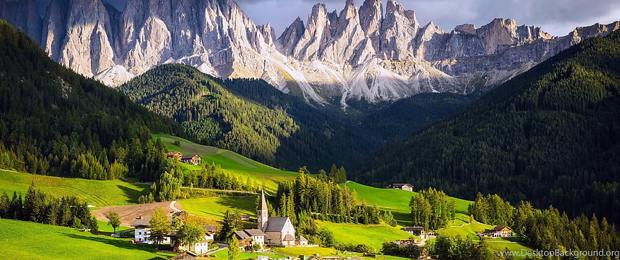 Alpine Valley Village with Church and Dramatic Dolomite Peaks HD wallpaper