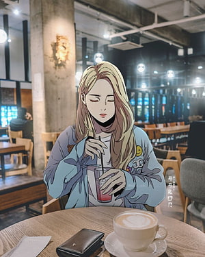 Anime Girl With Blonde Hair Drinking Iced Coffee In A Modern Cafe Interior HD phone wallpaper