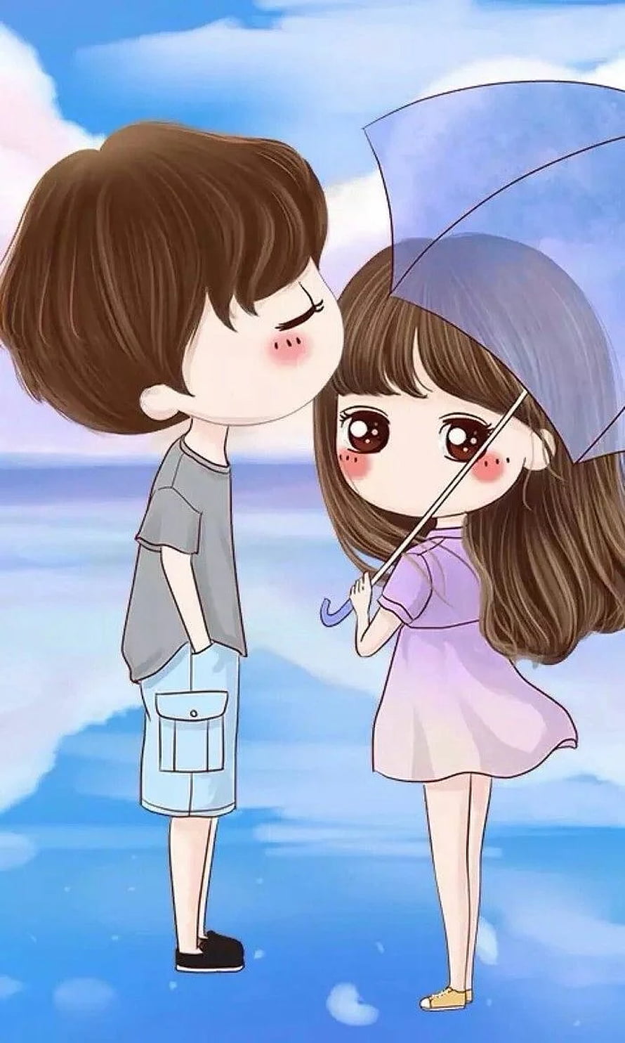 Cute cartoon couple illustration with boy kissing girl holding umbrella HD phone wallpaper