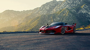 Red Ferrari LaFerrari Aperta Hypercar Parked on Mountain Road at Sunset HD wallpaper