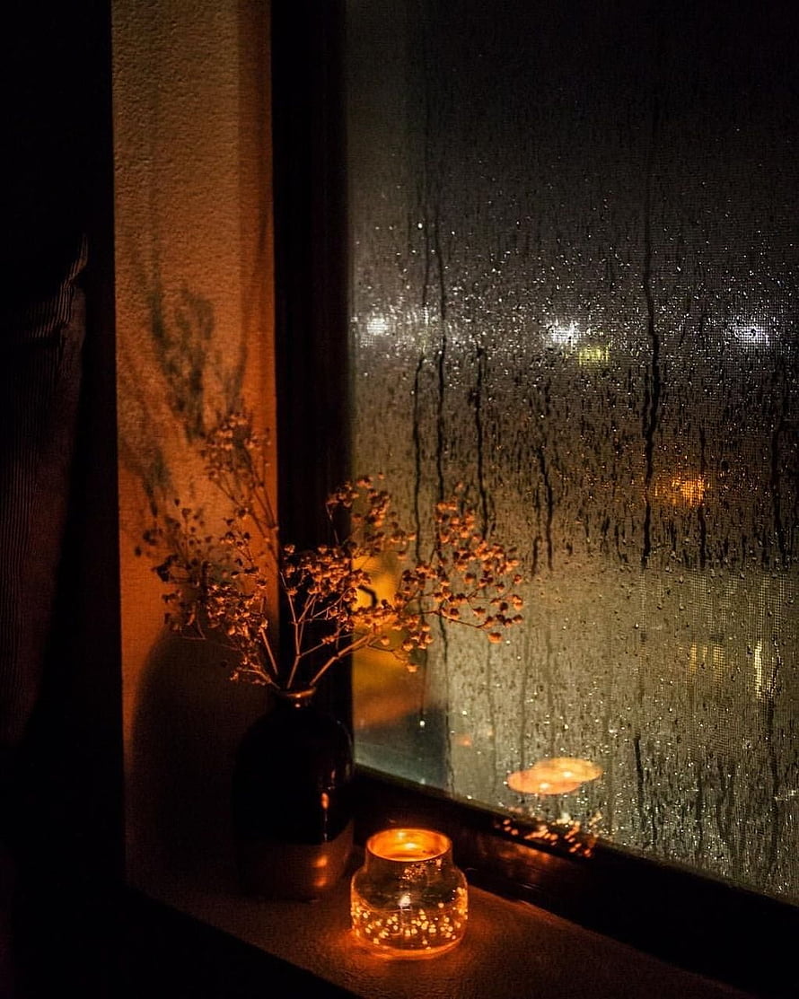 Cozy Rainy Night Window with Candlelight and Dried Flowers HD phone wallpaper
