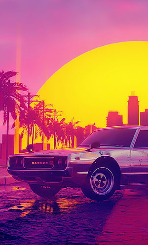 Datsun 280ZX in Neon Sunset Vaporwave Aesthetic with Palm Trees and City Skyline HD phone wallpaper