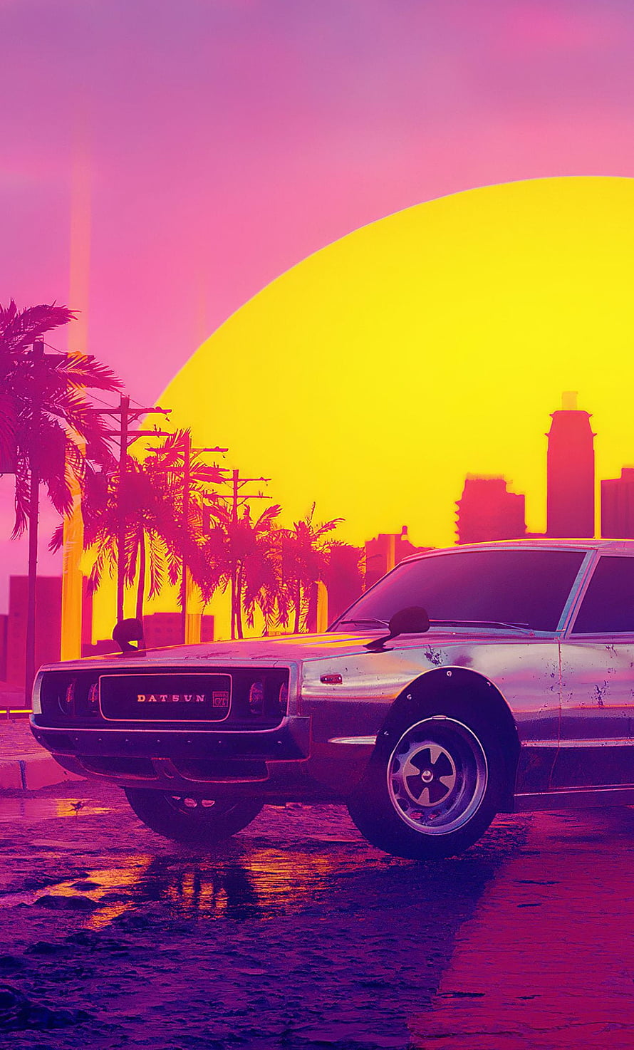Datsun 280ZX in Neon Sunset Vaporwave Aesthetic with Palm Trees and City Skyline HD phone wallpaper
