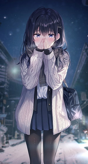 Anime girl with dark hair and blue eyes blushing in a winter sweater and school uniform on a snowy night street HD phone wallpaper