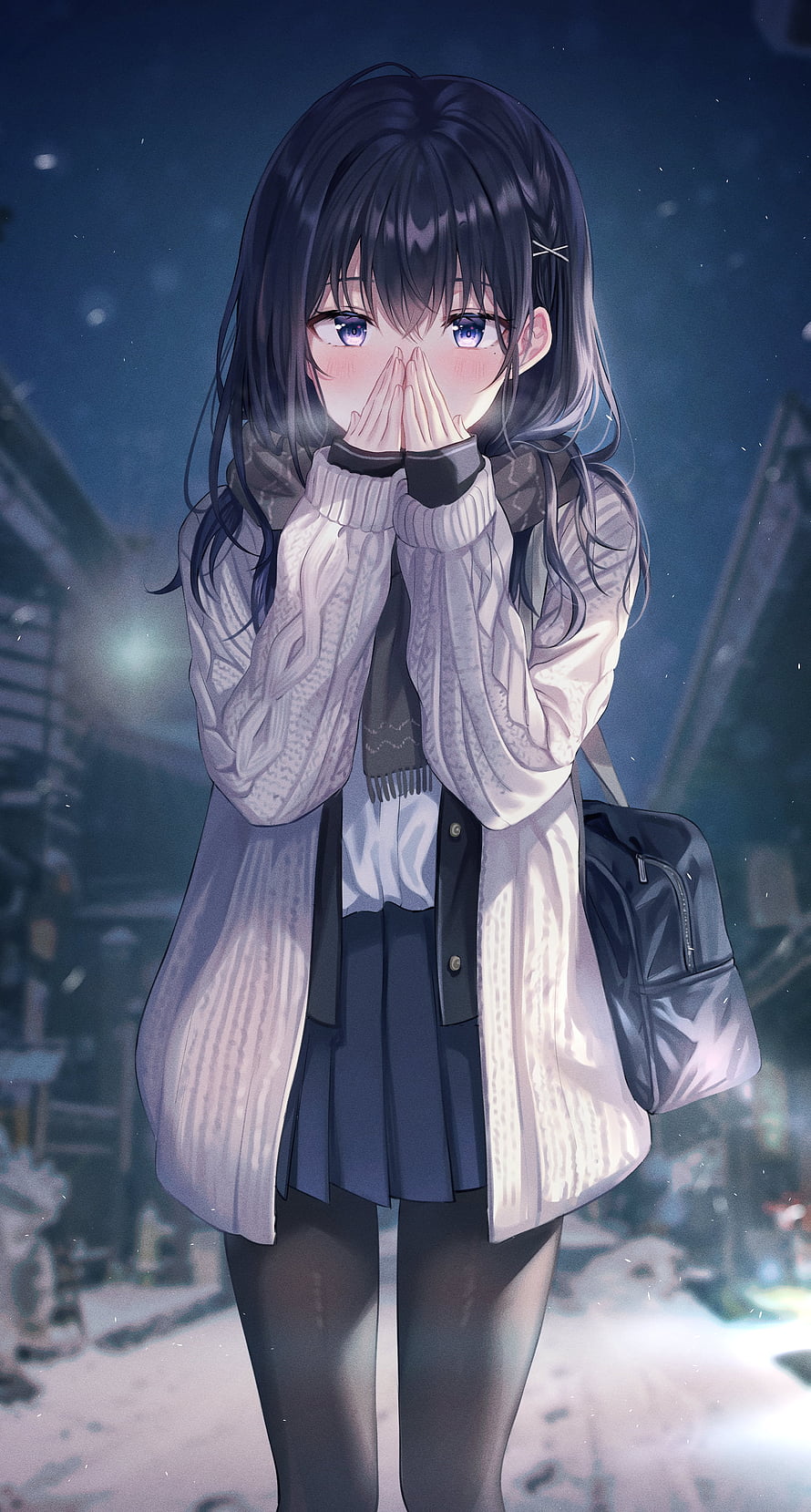 Anime girl with dark hair and blue eyes blushing in a winter sweater and school uniform on a snowy night street HD phone wallpaper