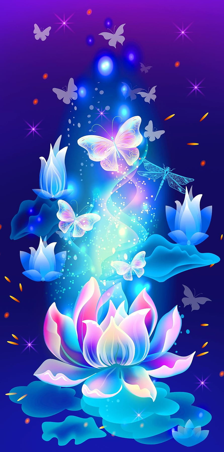 Luminous Lotus and Butterfly Fantasy Art with Glowing Dragonfly and Sparkling Purple Background HD phone wallpaper