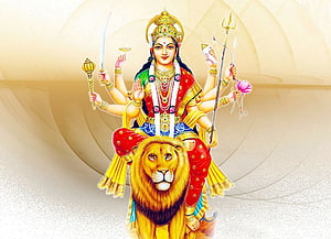 Maa Durga Riding Lion with Multiple Arms Holding Weapons and Lotus HD wallpaper