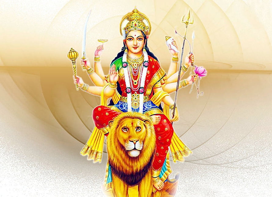 Maa Durga Riding Lion with Multiple Arms Holding Weapons and Lotus HD wallpaper