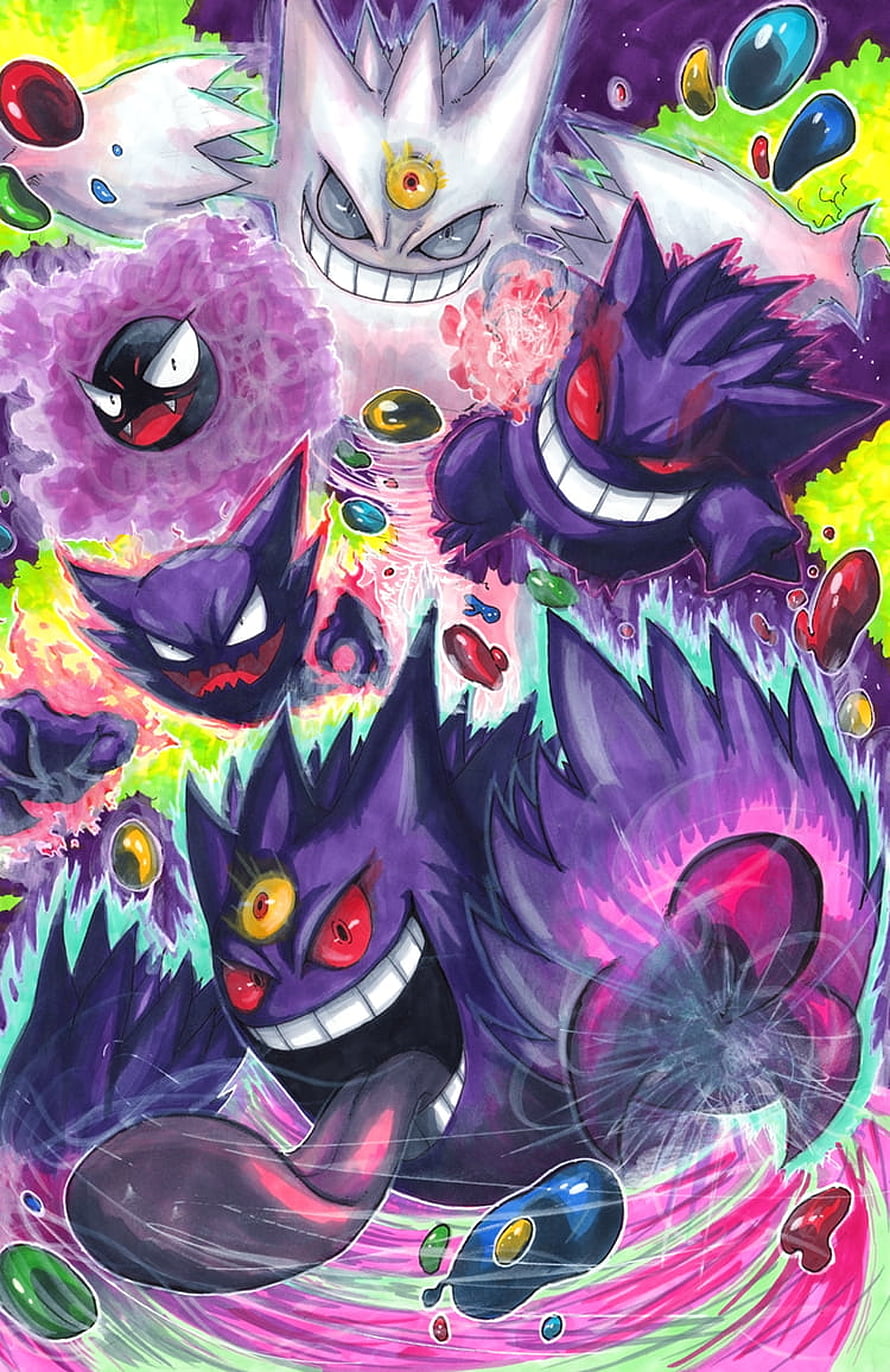 Gengar, Haunter, Gastly, and Mimikyu Dark Type Pokemon Group Art HD phone wallpaper